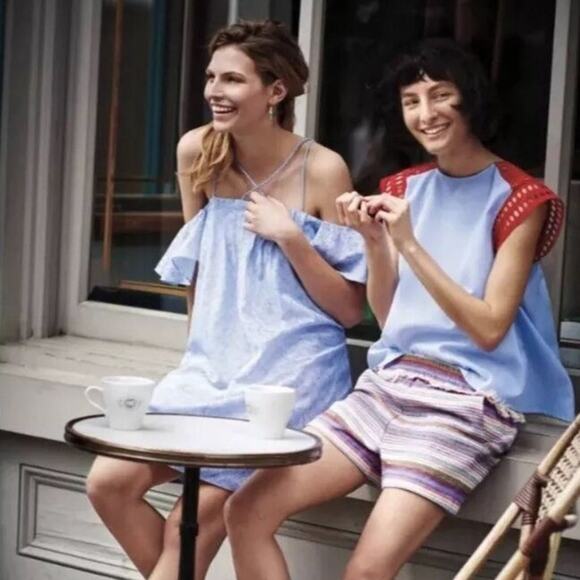 Anthropologie HD Paris Dayflower Mini Dress Off Shoulder Blue White - Picture 12 of 12